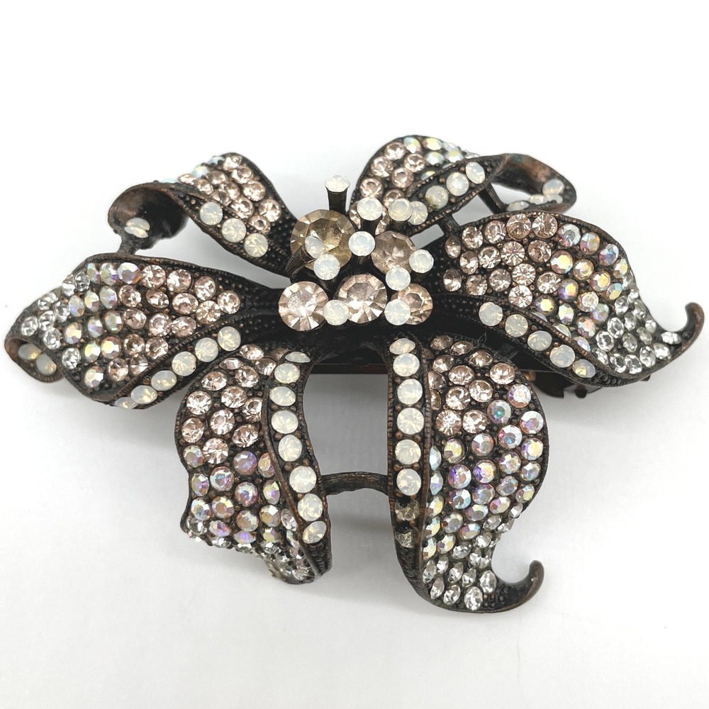 JANUS Hair Clip Vintage Rhinestone Bronze‎ Crystal Flower Claw Clip Rhinestone